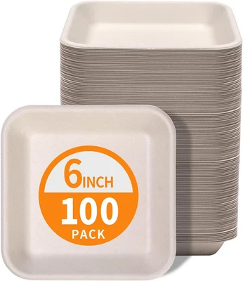 Paquete de 100 placas de papel cuadradas pequeñas de 6 pulgadas, placas compostables de 6 pulgadas resistentes a la flexión Foto 1 de 4