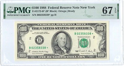 1988 $100 New York Star Federal Reserve RARE B*Block ☆☆ PMG 67 EPQ ☆☆ Fr#2172-B* - Image 1 of 2