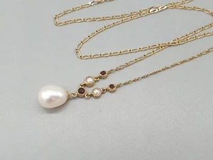 Vintage 9ct Yellow Gold Pearl Pendant and Garnet Necklace 9K Diamond Cut Chain - Picture 1 of 11