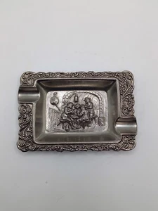 Vintage Repoussé Silber Teller Aschenbecher Kneipenszene Mann Höhle Kneipe Trinkszene - Bild 1 von 5