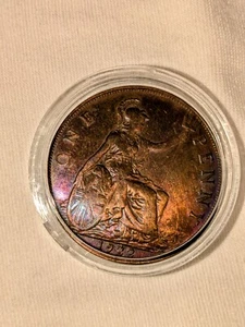 1922 UK 1 Penny George, Rainbow Toning,AUNC, Extremely Rare - Picture 1 of 9