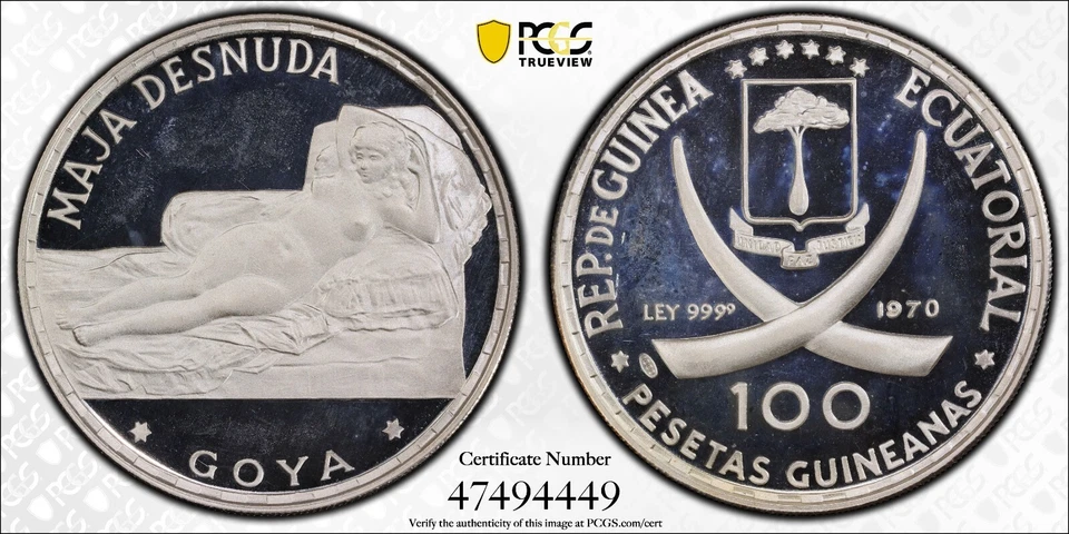 1970 EQUATORIAL GUINEA Goya Maja Desnuda Proof Silver 100Pesetas PCGS PR67DCAM - Image 1 of 4