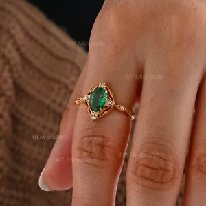 Natural Oval Emerald and Diamond Solid 14K Yellow Gold Art Deco Engagement Ring - Picture 1 of 8