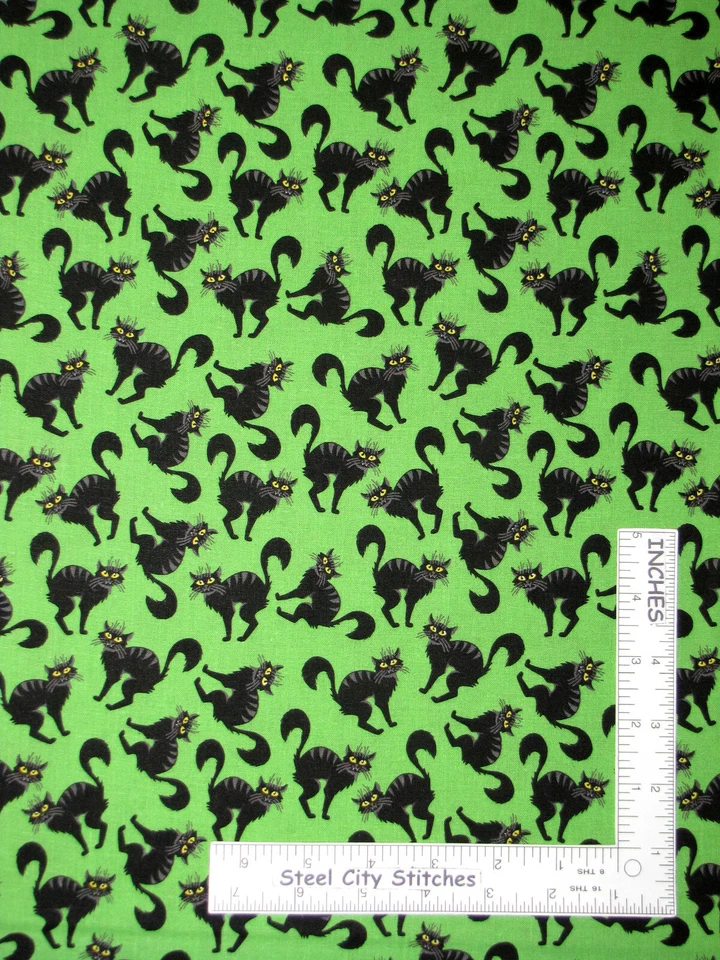 Halloween Animals Black Cats Toss Lime Green Cotton Fabric Santee By The Yard - Image 1 of 1