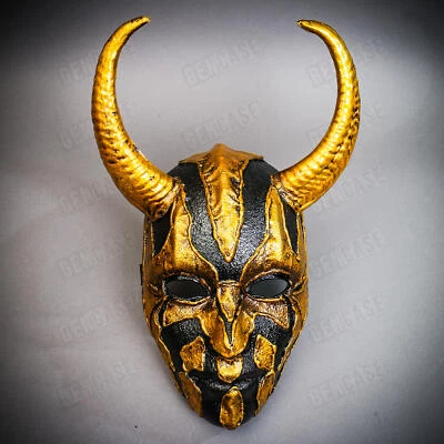 Horned Demon Masquerade Gothic Black GOLD Halloween Costume Devil Face Mask - Image 1 of 3