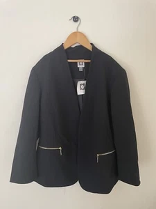 NWT ANNE KLEIN BLACK CREPE 2 GOLD ZIPPERS OPEN FRONT STYLE JACKET SIZE LARGE - Bild 1 von 6