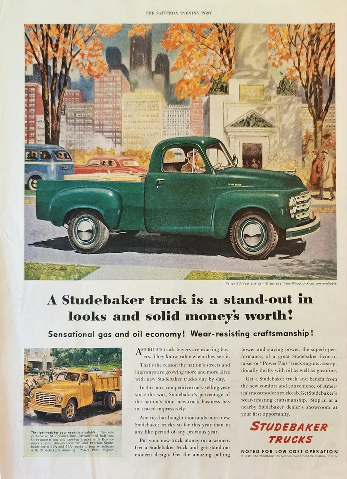 1949 Green Studebaker Truck Vintage Ad stand out in looks and solid moneys worth - Image 1 of 1