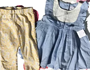 New Girls 2-Piece Outfit Dress Shirt Leggings Blue/White/Yellow Floral Cotton 5T - Picture 1 of 12