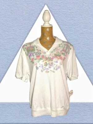 NWT'S TEDDI VTG Women's FLORAL White Pink Short Sleeve Collar Shirt Top Sz XL - Image 1 of 4