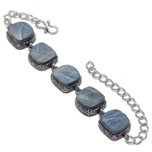 Black Agate Quartz Gemstone Silver Plated Jewelry Bracelet 7-8" - Picture 1 of 1