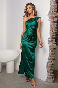 Green One-Shoulder Ruched Slit Silk Maxi Evening Dress - Picture 1 of 7