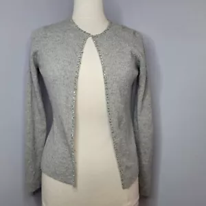 Suéter cárdigan para mujer mediano 100 % cachemir gris acanalado estrás recortado - Imagen 1 de 10