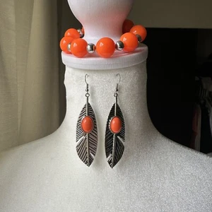 Orange Perlen Stretch Armband Cabachon Feder Ohrringe Set Silberfarben - Bild 1 von 7