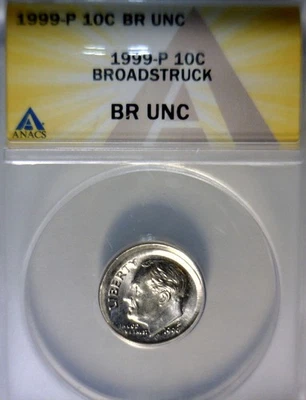 1999 ANACS ERROR LARGE Broad Struck + Die CLASH Roosevelt Dime CH BU ++ Coin  NR - Image 1 of 4