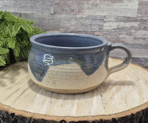 Handmade Art Pottery Soup Mug Blue Drip Glaze & Speckled Stoneware, Signed - Picture 1 of 12