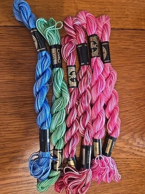 6 DMC Size 5 Cotton Pearl NEEDLEPOINT THREAD Skein Pink Blue Green Variegated  - Image 1 of 2