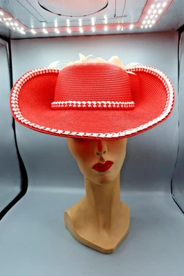 VTG Miss Schiaparelli Straw Chuch Hat Pink Whte Braiding Cosplay Tricorn Derby - Image 1 of 4