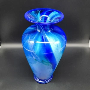 Jarrón de vidrio artístico LaChaussee Studio firmado 2003 azul verde aguamarina remolino 16,5" T - Imagen 1 de 24