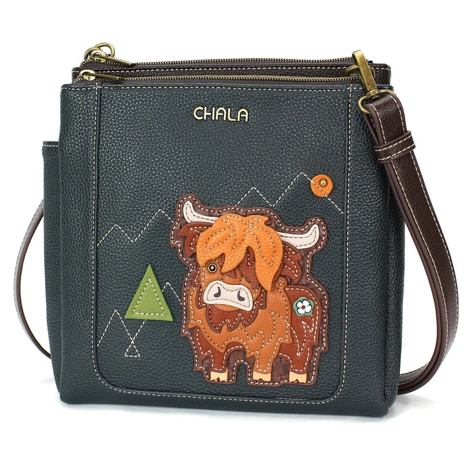 NEW CHALA NAVY HIGHLAND COW MERRY MESSENGER CROSSBODY PURSE FAUX LEATHER RFID - Image 1 of 4