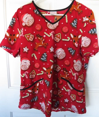 Rudolph Womens Medical Scrub Top Medium S/S Red Nosed Reindeer Santa Candy Cane - Image 1 of 4