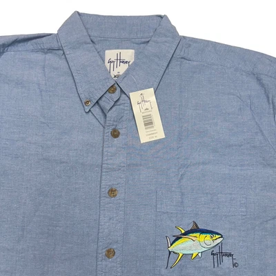 NUEVA AFTCO Guy Harvey Chambray Camisa Manga Corta Con Botones Para Hombre XL Bordada Foto 1 de 4