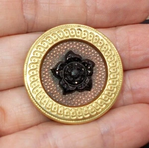 Antique Victorian Black Glass Flower Jewel Button Fancy Brass Rim 1 1/4" - Picture 1 of 11