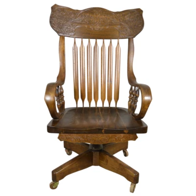 Silla de oficina antigua victoriana con respaldo a presión de gran tamaño con brazo enrollado - década de 1890, #22260 Foto 1 de 4