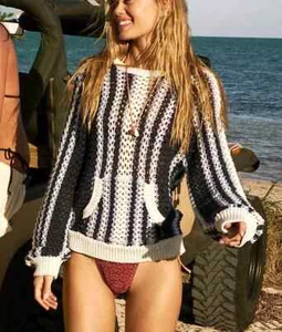 NUEVO CON ETIQUETAS FREE PEOPLE FP PLAYA AZUL BLANCO DAYTON JERSEY RAYAS SUÉTER MEDIANO M - Imagen 1 de 4