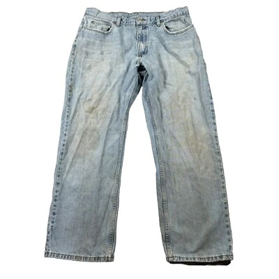 结构牛仔裤男式 36x30 复古浅水洗蓝色牛仔直筒工作服脏 — 第 1/4 张图片