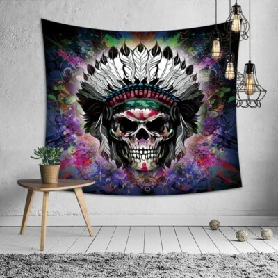 Indian Chief Warrior Skull Tapestry Wall Hanging large Psychedelic Headdress - Image 1 of 2