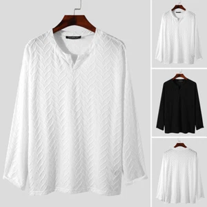 Mens Long Sleeve V Neck Loose Henley T Shirts Solid Color Formal Tee Blouse Tops - Picture 1 of 14