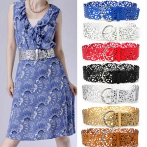 Ladies Hollow Fashion Belts Wide Buckle Waist Belt Leather Cinch Dress Waistband - Picture 1 of 19