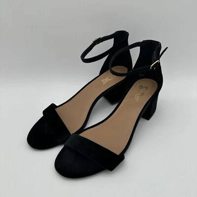 Sandalias de tacón bloque de gamuza negras Brash con correa para el tobillo y hebilla dorada Foto 1 de 4