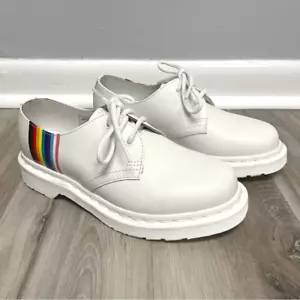 Dr. Martens Shoes Girls 4 White Leather w/Monochrome Rainbow Stripe Derby Oxford - Picture 1 of 8