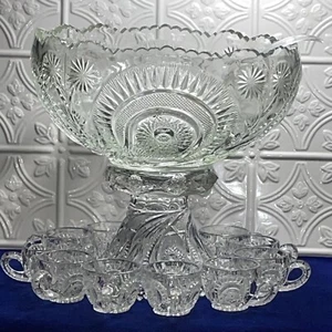 LE Smith Radiant Daisy Horseshoe Pinwheel Stars Punch Bowl Set RARE Stand W/Cups - Picture 1 of 22
