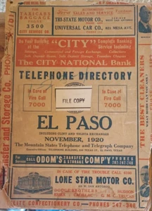 RARE - EL PASO TEXAS Telephone Directory/Phone 1920 PULP PAPER 3-DIGIT ERA - Picture 1 of 7