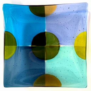 Beatrice Tesdorpf Fused Art Glass Mini Plater Green Turquoise Chartreuse Blu 6x6 - Picture 1 of 7