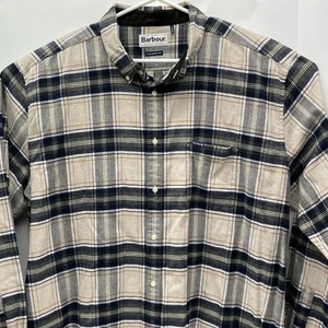 Barbour Flannel Plaid Men Shirt Size XXL Tailored Fit Corduroy Collar Brown Blue - Picture 1 of 11