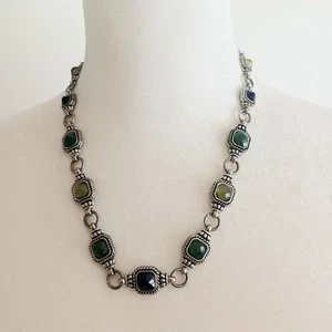 Vintage NAPIER Silvertone Faceted Square Green & Blue Glass Station Necklace - Picture 1 of 5