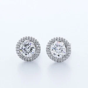 2.0 CT Lab-Created Diamonds E/VS2 Round Cut 14K White Gold Four-Prong Halo Studs - Picture 1 of 4