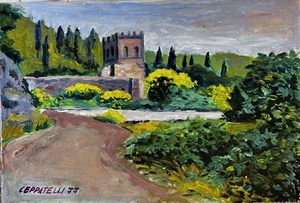 "Toskanische Landschaft" ÖL AUF TISCH 30x20 cm (O.Ceppatelli) - Bild 1 von 3