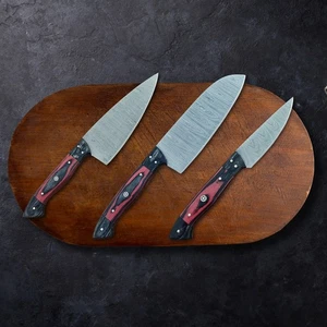 3 pcs Damascus Chef Set with Roll Bag, Handmade Kitchen Knife with Bone Handle - Bild 1 von 6