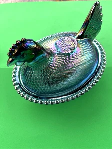 Vintage Indiana Glas Henne auf Nest 7" Schale mit Deckel Mittelblau Karneval Glas - Bild 1 von 9