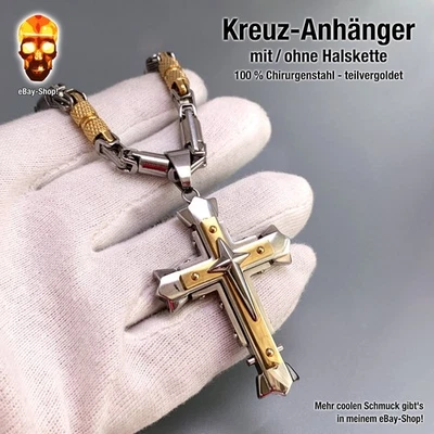 Herren Kreuz Anhänger groß Königskette Halskette Edelstahl + teilvergoldet Biker - Bild 1 von 4