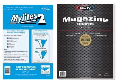 10 Sleeves E Gerber Mylites 2 & 10 BCW Boards Large Mylar Bags Comic Magazine