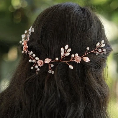 Missgrace Rose Gold Crystal Hair Vine Wedding Prom Floral - Image 1 of 4