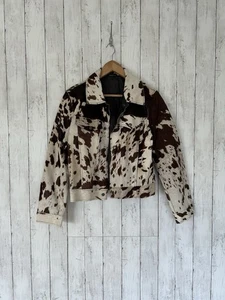 Mango Leder Fell Jacke Kuh Animal Print gefüttert Gr. Small Druckknopfverschluss Damen - Bild 1 von 9