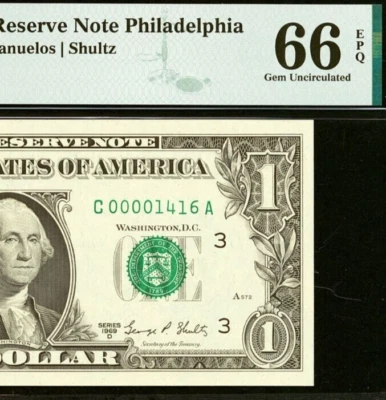 1969D $1 Philadelphia FRN PMG 66EPQ gem low fancy serial number 00001416 - Image 1 of 3