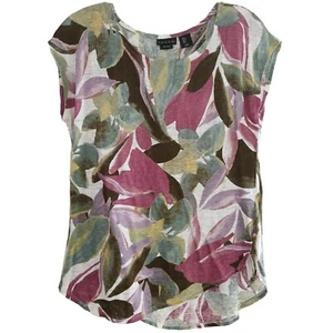 Tahari Size S White Mauve Olive Green Cyan Floral 100% Linen Knit Cap Sleeve Top - Picture 1 of 4