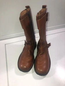 Born Womens Brown Marbled/ Distressed Leather Buckled Calf-High Moto Boots 5  - Picture 1 of 9